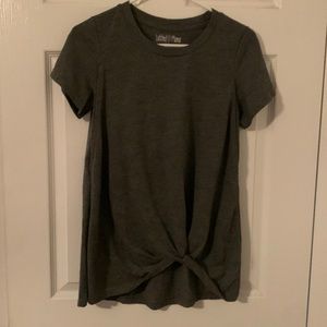 Dark heather grey nursing tee shirt with slimming bottom tie